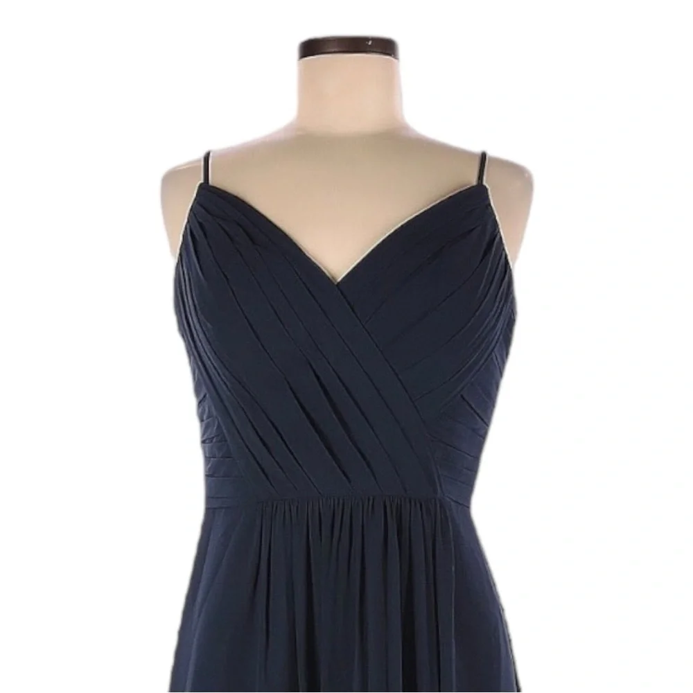 Bill Levkoff Navy Chiffon Pleated Maxi Dress 10 Formal Evening Bridesmaid Gown